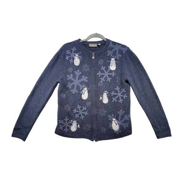 Croft & Barrow Womens  Snowman & Snowflake Cardigan Sweater Small Blue Ramie & A - Picture 1 of 13